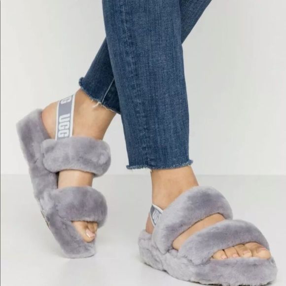 UGG Shoes - Ugg Oh Yeah Fur Slide Sandal Slipper Logo Strap Gray Platform